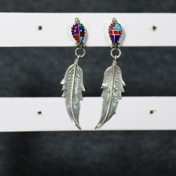 handmade 925 sterling silver turquoise MOP sugarlite spiny oyster native earring - Picture 1 of 5